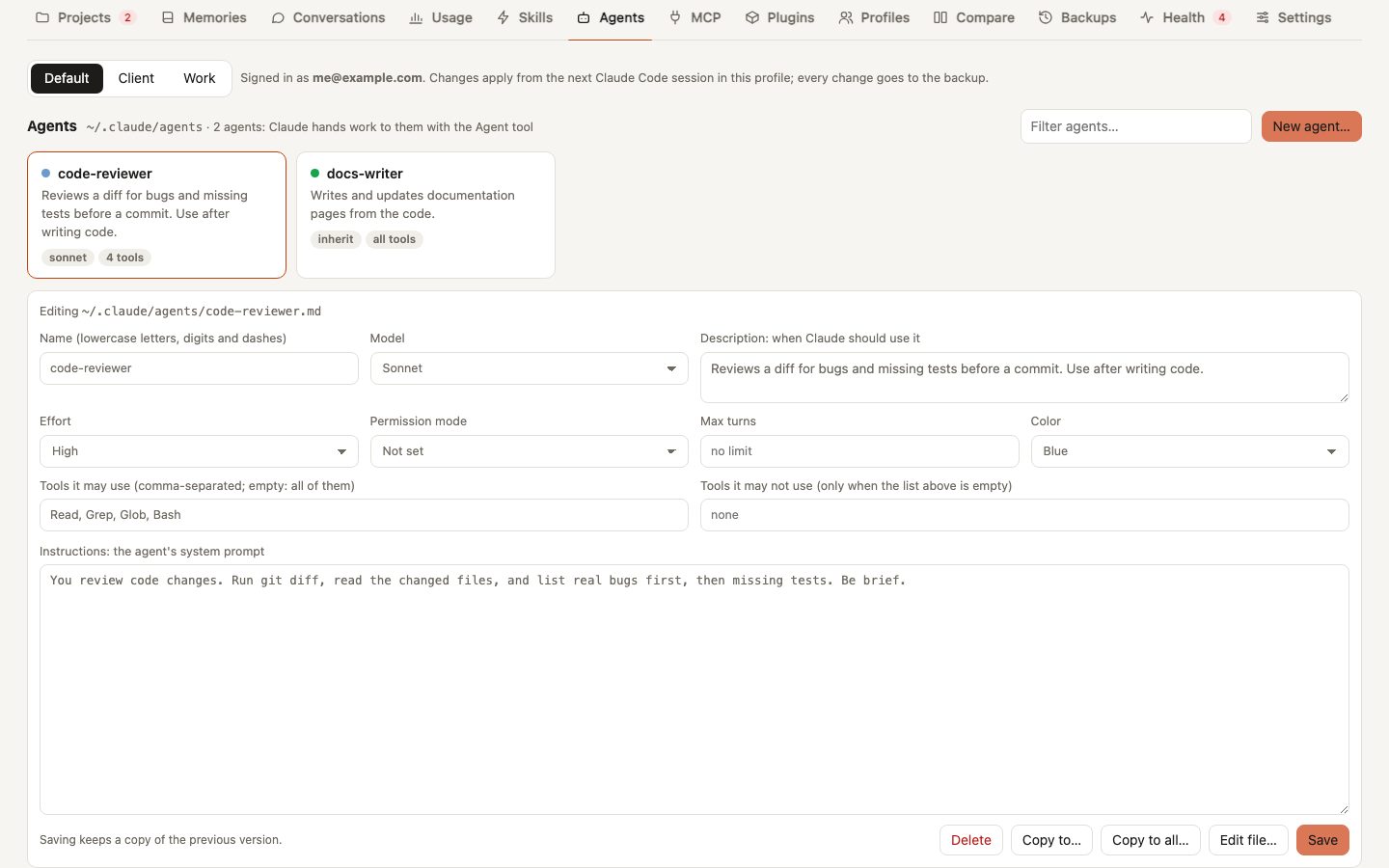 The Agents tab: the agents of the Default profile as cards, with code-reviewer open in the form: name, model, description, effort, permission mode, max turns, color, tools and instructions