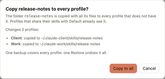 The Copy to all dialog for a skill: the two profiles that get it and the folder each one gets