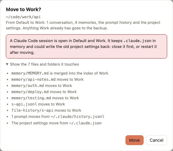 The Move to Work dialog: what moves, a warning about open sessions, and the list of the 7 files and folders it touches
