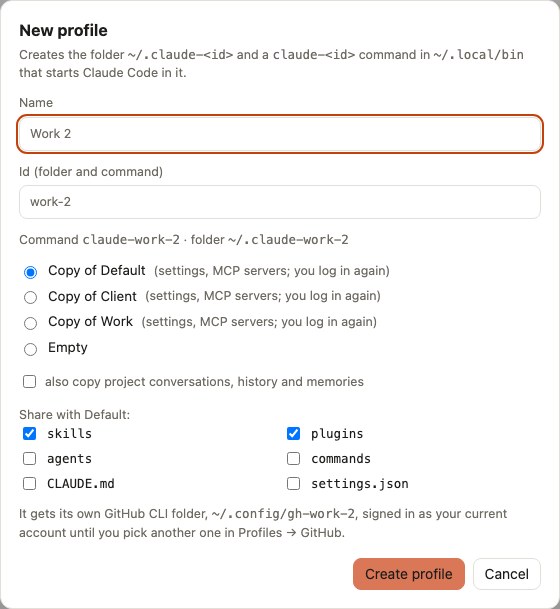 The New profile dialog: name, id, a copy of Default as the base, and skills and plugins shared with Default