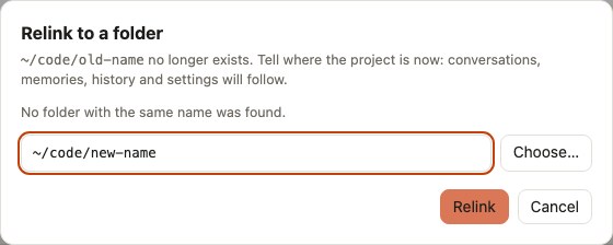 The Relink to a folder dialog, with the new path of the project typed in and the Choose button